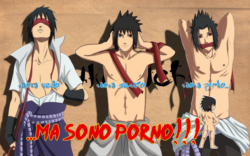 ass blindfold funny gag italian japanese_clothes male muscle naruto solo topless uchiha_sasuke undressing