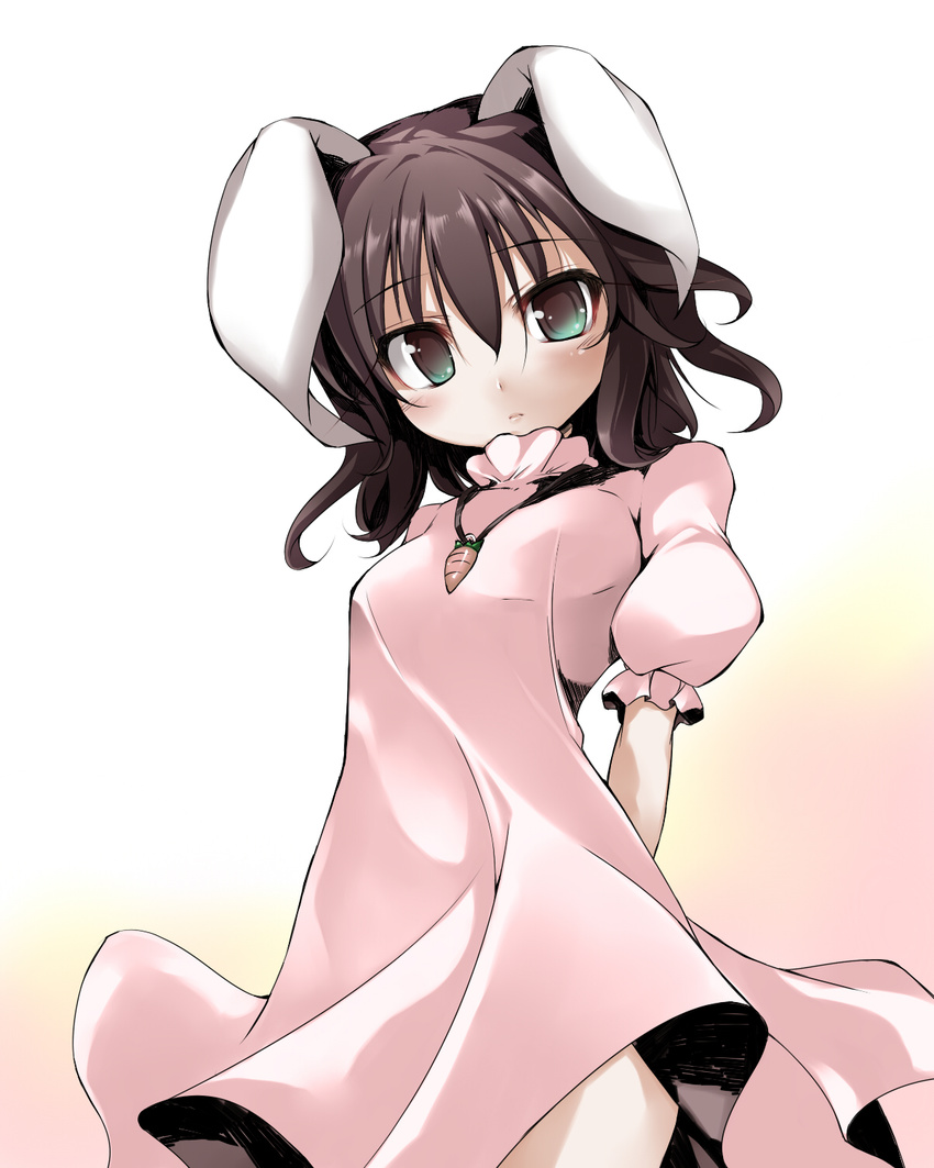 animal_ears arms_behind_back atoshi brown_hair bunny_ears carrot carrot_necklace colorized dress fuyuno_taka green_eyes highres inaba_tewi jewelry necklace pendant short_hair solo touhou