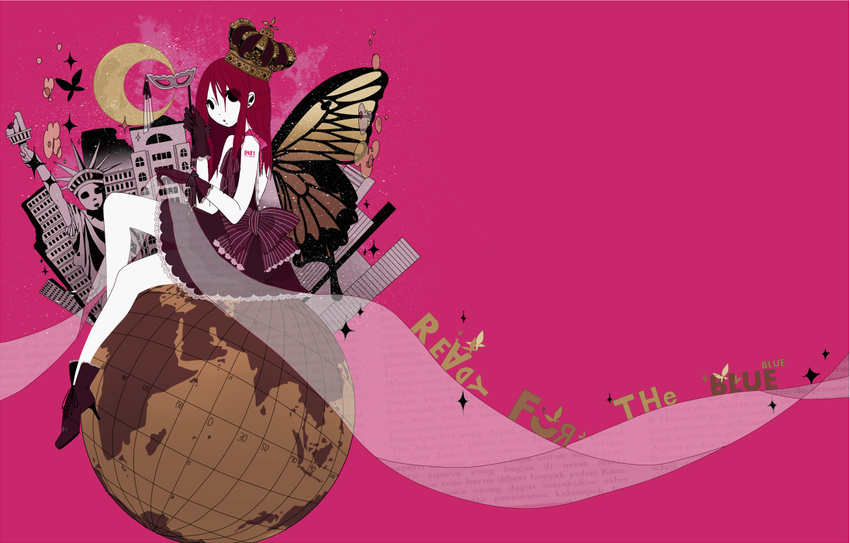 bad_id bad_pixiv_id bug butterfly drill_hair globe insect kasane_teto landmark miya_(48ne) moon sitting solo statue_of_liberty twin_drills twintails utau wings