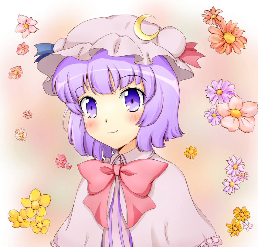 aikawa_ryou alternate_hair_length alternate_hairstyle blush crescent floral_background flower hat patchouli_knowledge purple_eyes purple_hair ribbon short_hair smile solo touhou upper_body