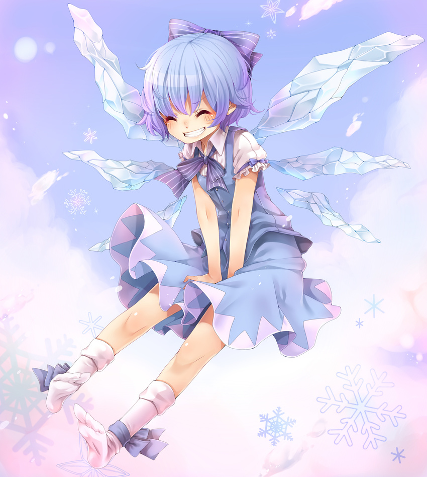 absurdres ankle_ribbon blue_dress blue_hair bow cirno closed_eyes dress grin hair_bow highres ice ice_wings ribbon rojiko short_hair skirt skirt_tug smile snowflakes socks solo touhou wings