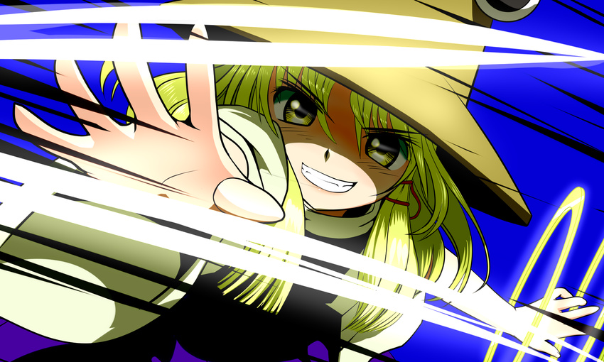 blonde_hair grin hat highres ishikkoro long_hair moriya_suwako smile solo touhou yellow_eyes