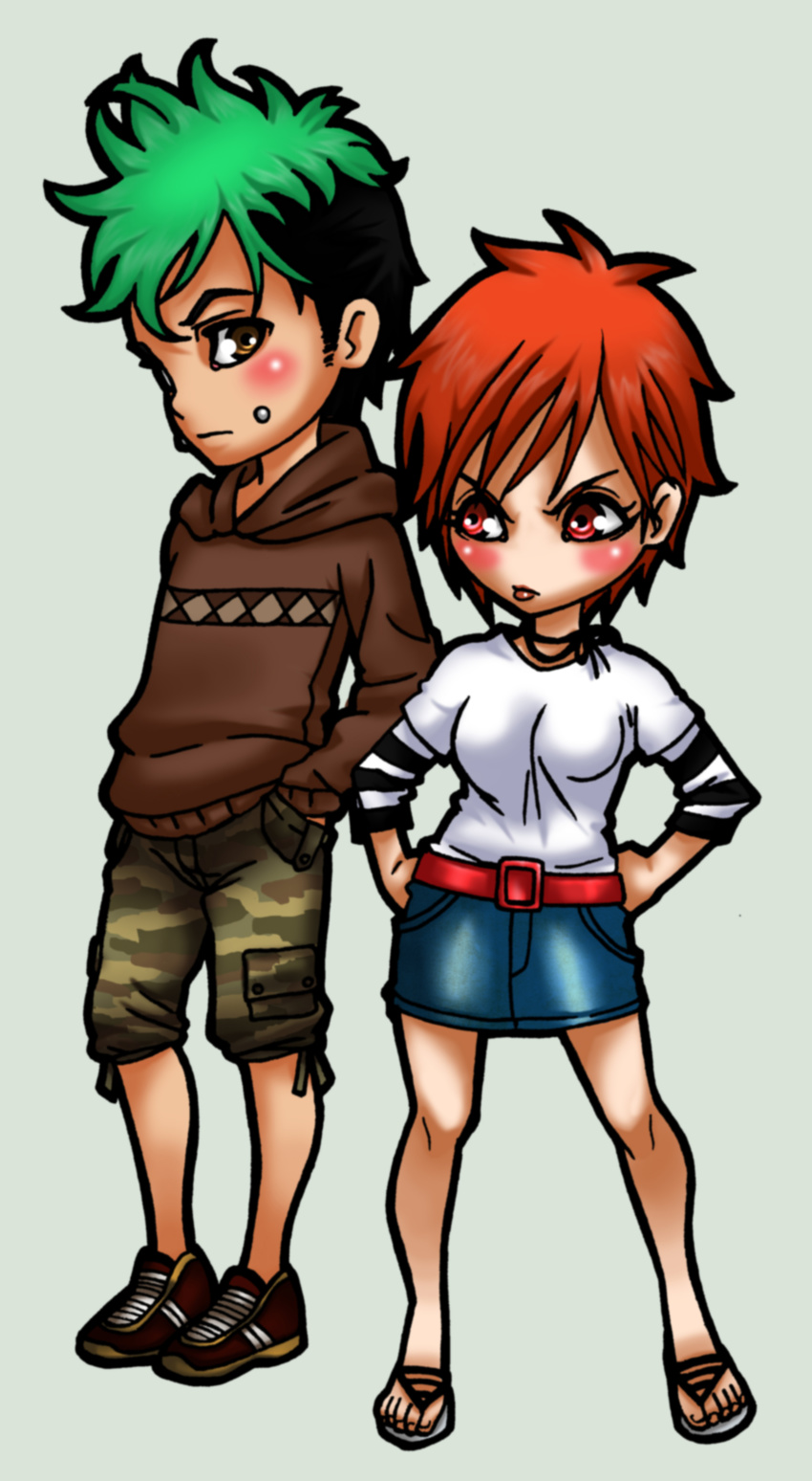 angry belt black black_hair blush bow boy brown brown_eyes buckle camouflage chibi choker couple female frown girl green green_hair mad male necklace piercing pockets pout red red_eyes red_hair ribbon sandals shorts skirt sleeves standing stare string stripes upset