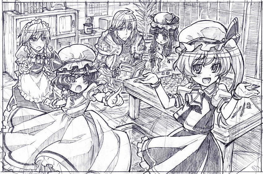 4girls armor battletech blush board_game book bow bracelet braid buront crescent dice final_fantasy final_fantasy_xi flandre_scarlet graphite_(medium) greyscale hair_bow hands hat izayoi_sakuya jewelry long_hair maid maid_headdress monochrome multiple_girls no_wings patchouli_knowledge pencil playing_games pointing reading remilia_scarlet room sakino_shingetsu short_hair shrug side_ponytail smile sweatdrop table tabletop_rpg tears the_iron_of_yin_and_yang touhou traditional_media twin_braids wrist_cuffs