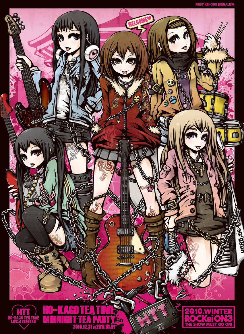 akiyama_mio bass_guitar black_border border chain drum electric_guitar guitar highres hirasawa_yui instrument k-on! keytar kotobuki_tsumugi multiple_girls nakano_azusa project.c.k. tainaka_ritsu