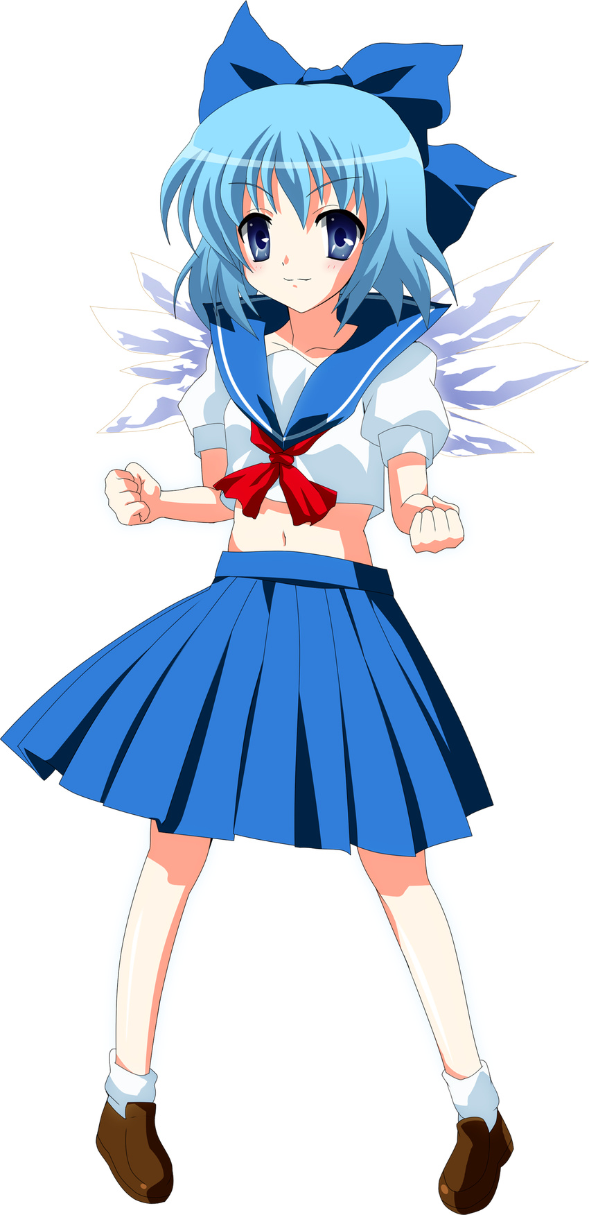 absurdres alternate_costume blue_eyes blue_hair bow cirno contemporary full_body hair_bow highres midriff navel oyu_no_kaori pleated_skirt ribbon school_uniform skirt solo touhou transparent_background wings