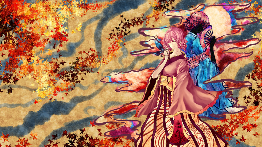bug butterfly cilo dual_persona fan highres insect japanese_clothes multiple_girls pink_hair saigyouji_yuyuko touhou wallpaper