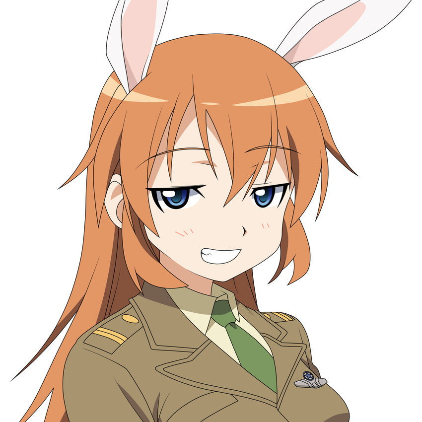 animal_ears blue_eyes bunny_ears charlotte_e_yeager grin highres long_hair military military_uniform necktie non-web_source orange_hair smile solo strike_witches uniform world_witches_series
