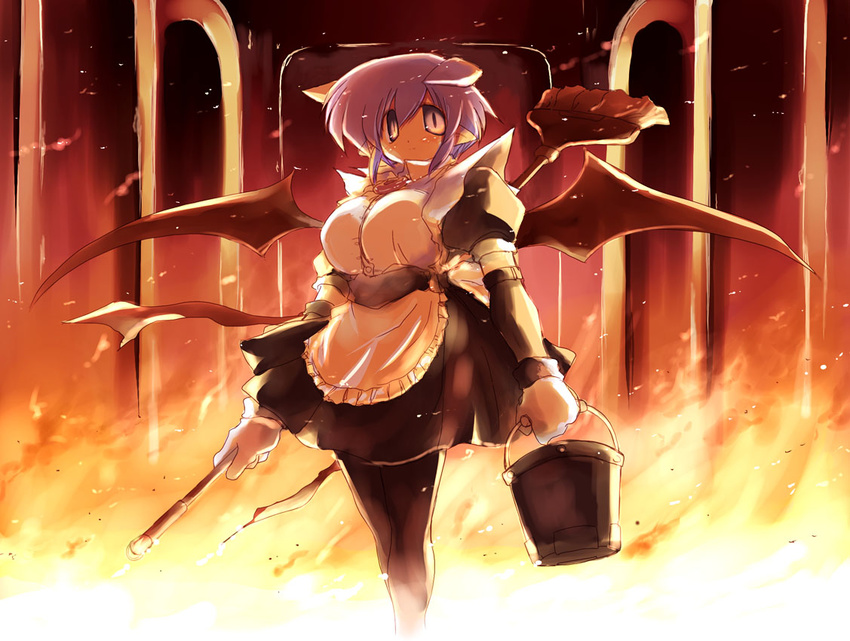 breasts broom bucket demon_girl fire horns large_breasts lavender_hair maid original pantyhose pointy_ears sakaki_(noi-gren) short_hair solo wings