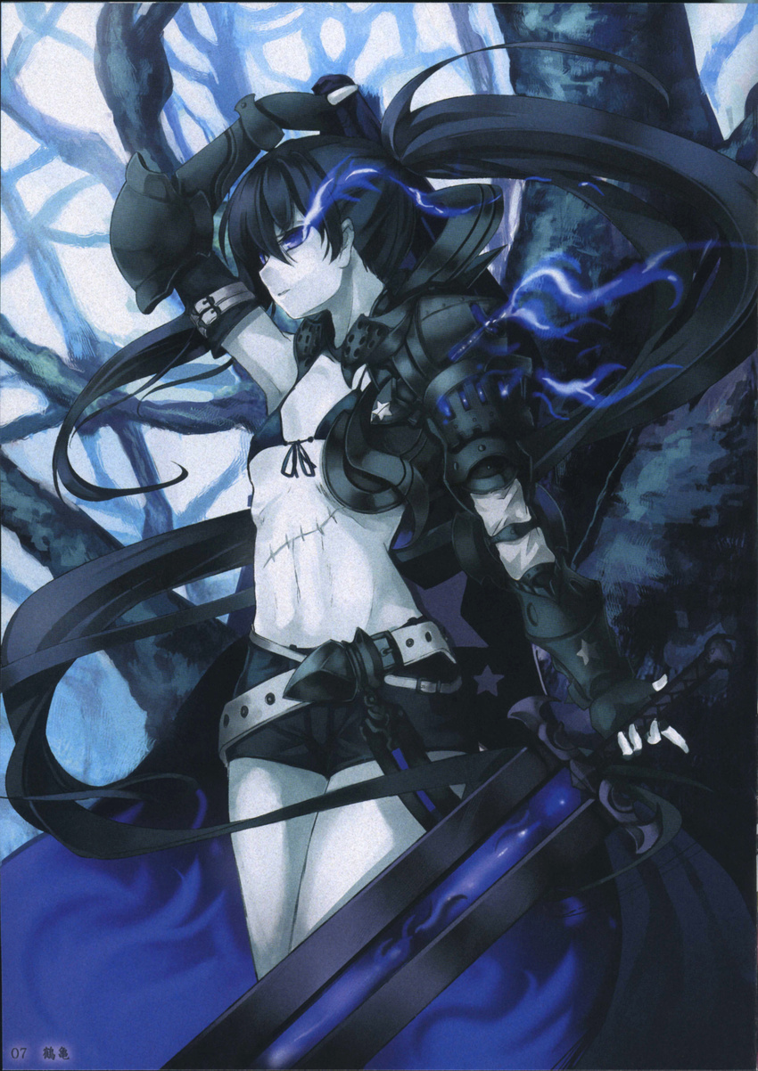 absurdres artist_request belt bikini_top black_hair black_rock_shooter blue_eyes boots burning_eye coat flat_chest highres insane_black_rock_shooter long_hair loose_belt midriff navel pale_skin production_art scar shorts solo source_request sword twintails weapon