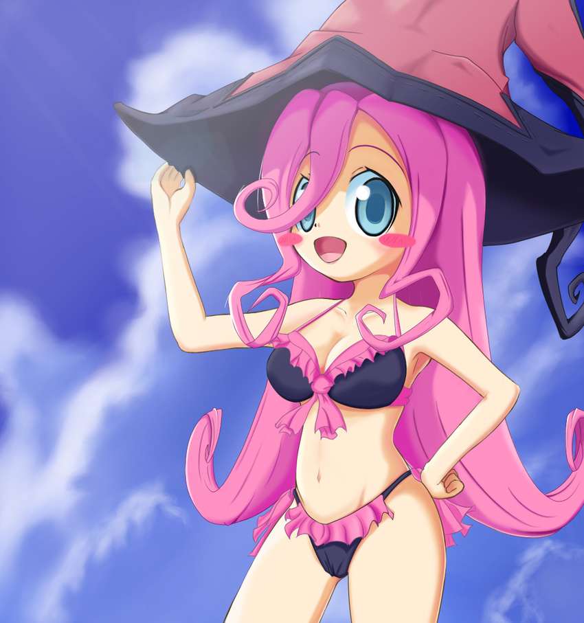 1girl bikini blue_sky blush breasts cameltoe cleavage cloud frilled_bikini frills hat highres long_hair open_mouth pamela pink_hair sky smile solo swimsuit witch_hait witch_hat yggdra_union