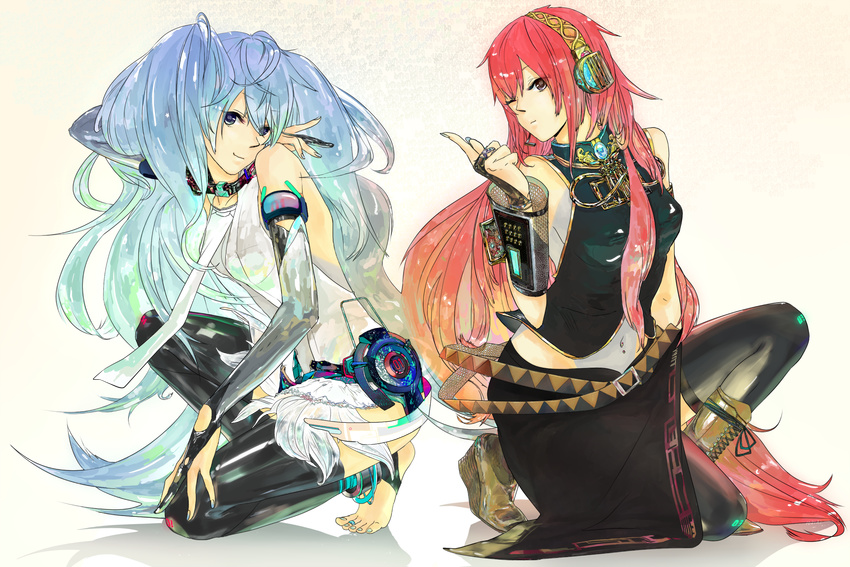 anklet bad_id bad_pixiv_id barefoot belt blue_hair boots bridal_gauntlets detached_sleeves feet hatsune_miku hatsune_miku_(append) headset highres jewelry kneeling long_hair megurine_luka multiple_girls navel navel_piercing necktie one_eye_closed piercing pointing red_hair thighhighs toe_ring tokoiai very_long_hair vocaloid vocaloid_append