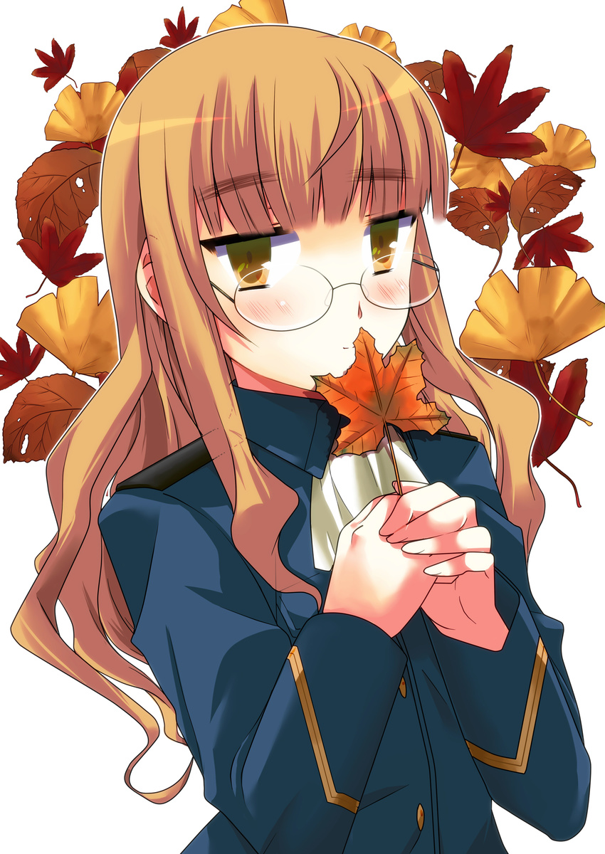 absurdres autumn bad_id bad_pixiv_id blonde_hair geminiboar glasses highres leaf long_hair maple_leaf military military_uniform perrine_h_clostermann solo strike_witches uniform world_witches_series yellow_eyes