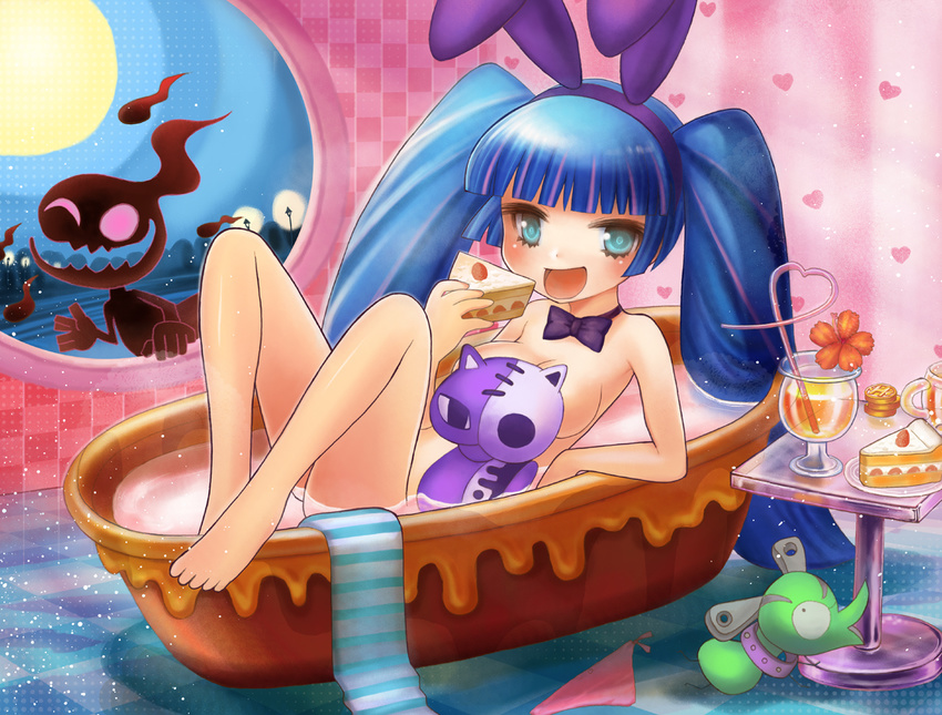 animal_ears bathtub blush breasts chuck chuck_(psg) cleavage covering food ghost ghost_(psg) honekoneko panty_&amp;_stocking_with_garterbelt smile stocking_(character) stocking_(psg)