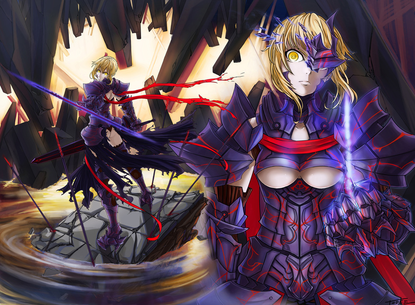 absurdres armor armored_dress artoria_pendragon_(all) ass blonde_hair breasts dark_excalibur dress fate/stay_night fate_(series) from_behind highres looking_back medium_breasts saber_alter short_hair sword todee underboob weapon yellow_eyes