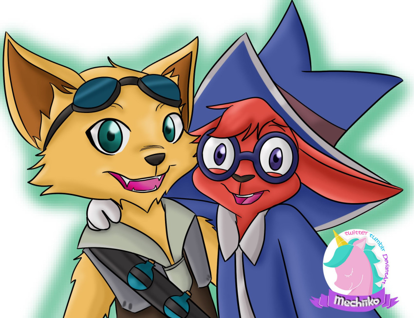 2018 anthro biped canid canine duo eyewear fox fur glasses hi_res lagomorph mammal mechiiko moji_(paladins) open_mouth open_smile paladins pip_(paladins) rabbit red_fur smile vulpin yellow_fur