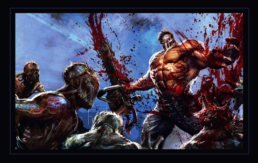 2010 battle blood brutal_death chainsaw dave_wilkins death demon fight gore guro highres human mammal mask monster muscle nipples official pants rick_taylor splatterhouse teeth terror_mask video_games weapon yellow_eyes