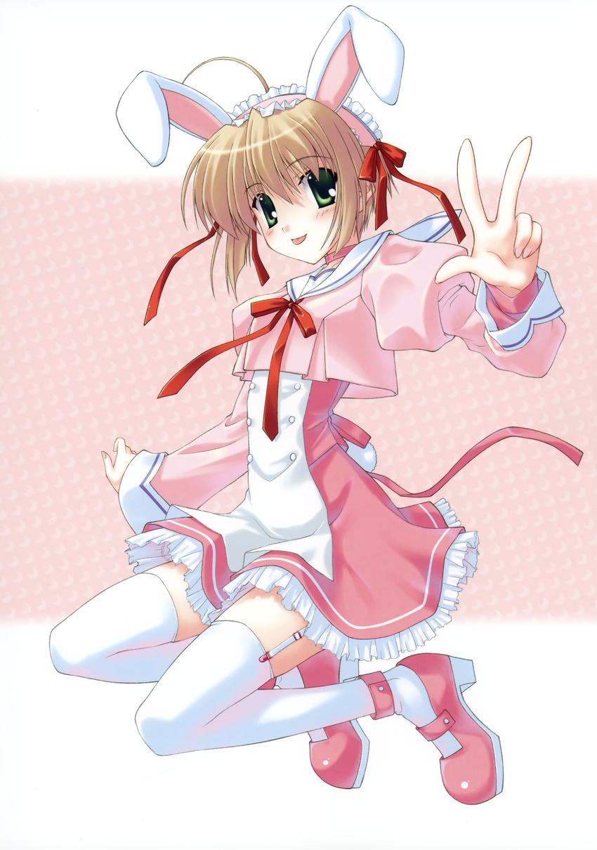 :p absurdres animal_ears blonde_hair bunny_ears copyright_request highres nanao_naru solo thighhighs tongue tongue_out