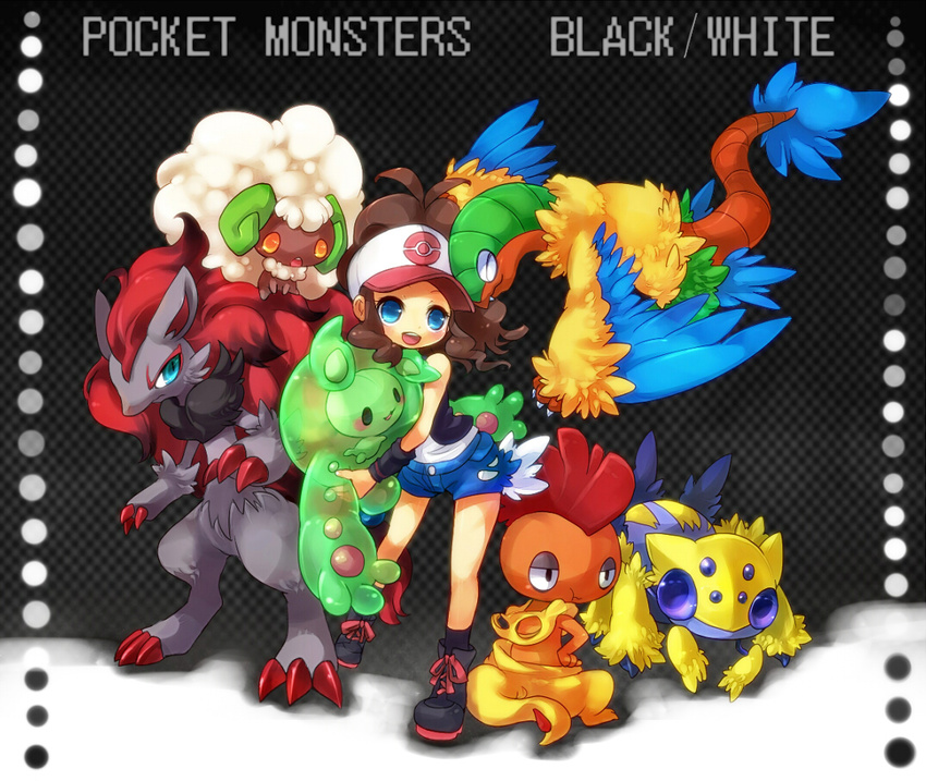 :d archeops baseball_cap blue_eyes brown_hair copyright_name creature flying galvantula gen_5_pokemon hat kuo looking_at_viewer open_mouth pokemon pokemon_(creature) pokemon_(game) pokemon_bw ponytail reuniclus scrafty smile standing text_focus touko_(pokemon) whimsicott wings zoroark