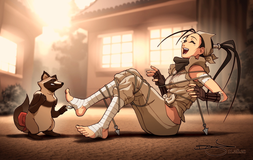 ankle_wrap bandages barefoot black_hair bound closed_eyes don_(street_fighter) feet foot_tickling gloves hip_vent ibuki_(street_fighter) laughing long_hair ninja omar_dogan open_mouth ponytail short_hair signature street_fighter tanuki tickling tied_up toeless_legwear