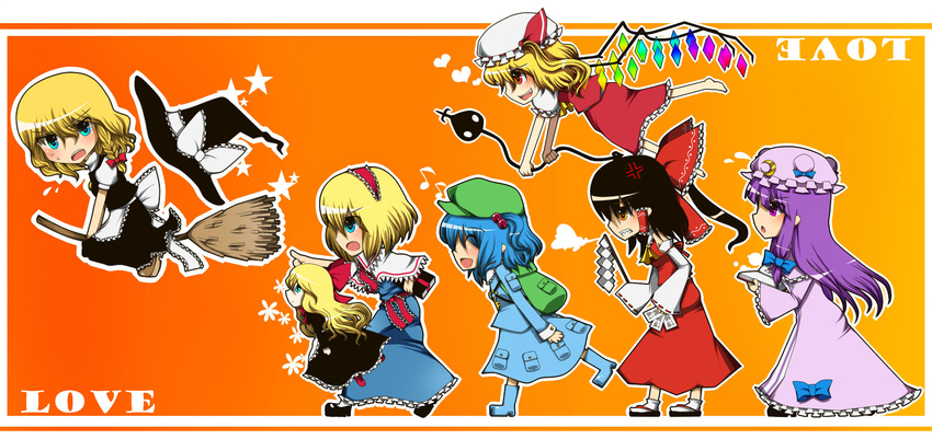 :d :o ^_^ alice_margatroid anger_vein barefoot black_hair blonde_hair blue_eyes blue_hair book bow broom broom_riding chasing closed_eyes dress english flandre_scarlet frills gohei gradient gradient_background hair_bobbles hair_bow hair_ornament hairband hakurei_reimu hat hat_removed headwear_removed highres jpeg_artifacts kawashiro_nitori kirisame_marisa laevatein long_hair multiple_girls musical_note ofuda open_mouth patchouli_knowledge pointing pote_(aonibi_kairou) profile purple_eyes purple_hair red_eyes shanghai_doll short_hair simple_background smile touhou twintails two_side_up v-shaped_eyebrows wings witch_hat