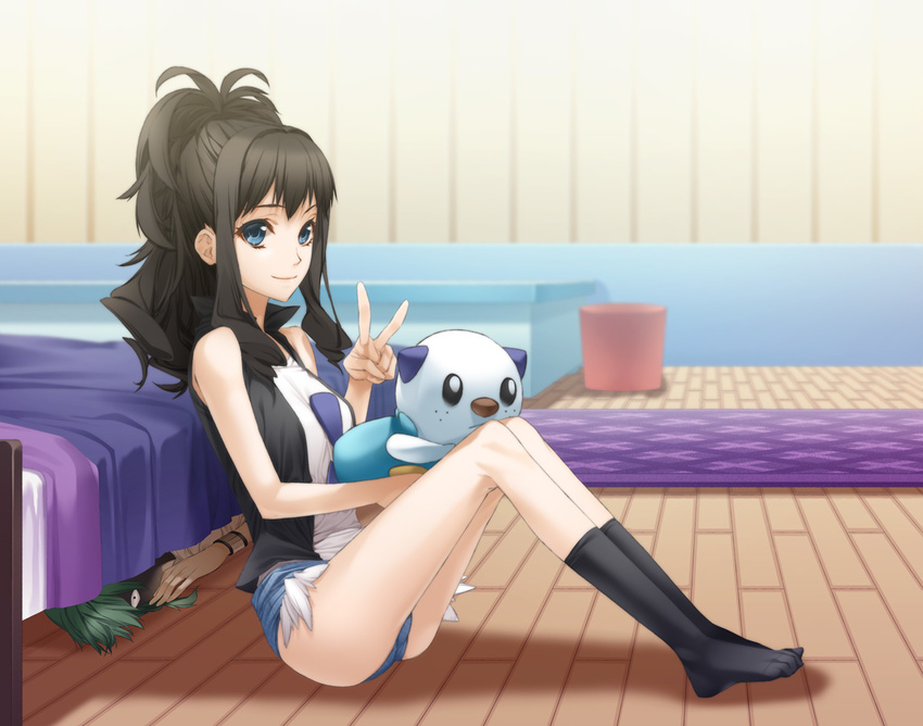 bed black_hair blue_eyes denim denim_shorts feet gen_5_pokemon green_hair legs long_hair n_(pokemon) no_hat no_headwear oshawott pesu_(penpen) pokemon pokemon_(creature) pokemon_(game) pokemon_bw ponytail short_shorts shorts sitting socks touko_(pokemon) urban_legend v vest when_you_see_it