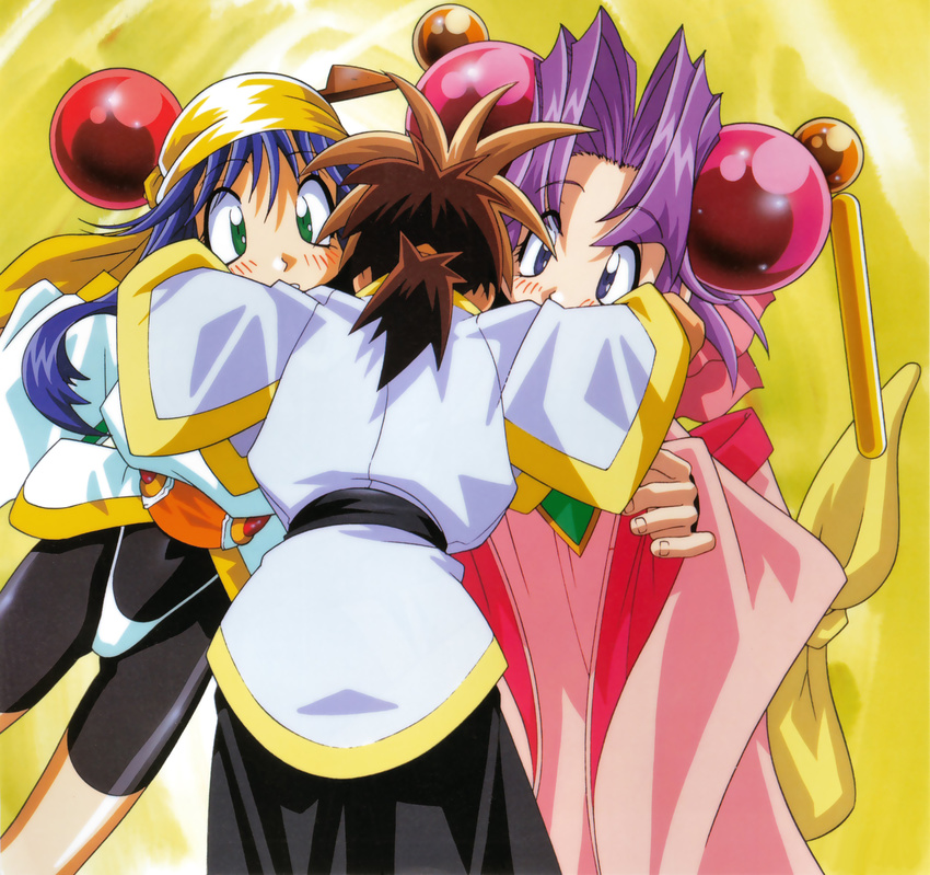 2girls 90s blue_eyes blue_hair bow cherry_(saber_j) green_eyes highres hug kotobuki_tsukasa lime_(saber_j) mamiya_otaru multiple_girls official_art pink_bow purple_hair saber_marionette_j spandex yellow_background