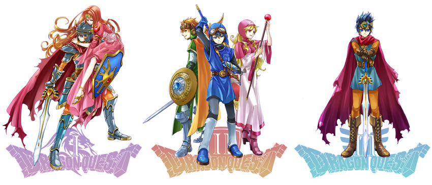 3boys armor blonde_hair boots brown_eyes brown_hair cape carrying chainmail commentary_request dragon_quest dragon_quest_i dragon_quest_ii dragon_quest_iii dress gauntlets gloves goggles helmet hero_(dq1) highres hinafuru hood jewelry long_hair multiple_boys multiple_girls prince_of_lorasia prince_of_samantoria princess_laura princess_of_moonbrook purple_eyes roto shield single_earring staff sword tiara weapon