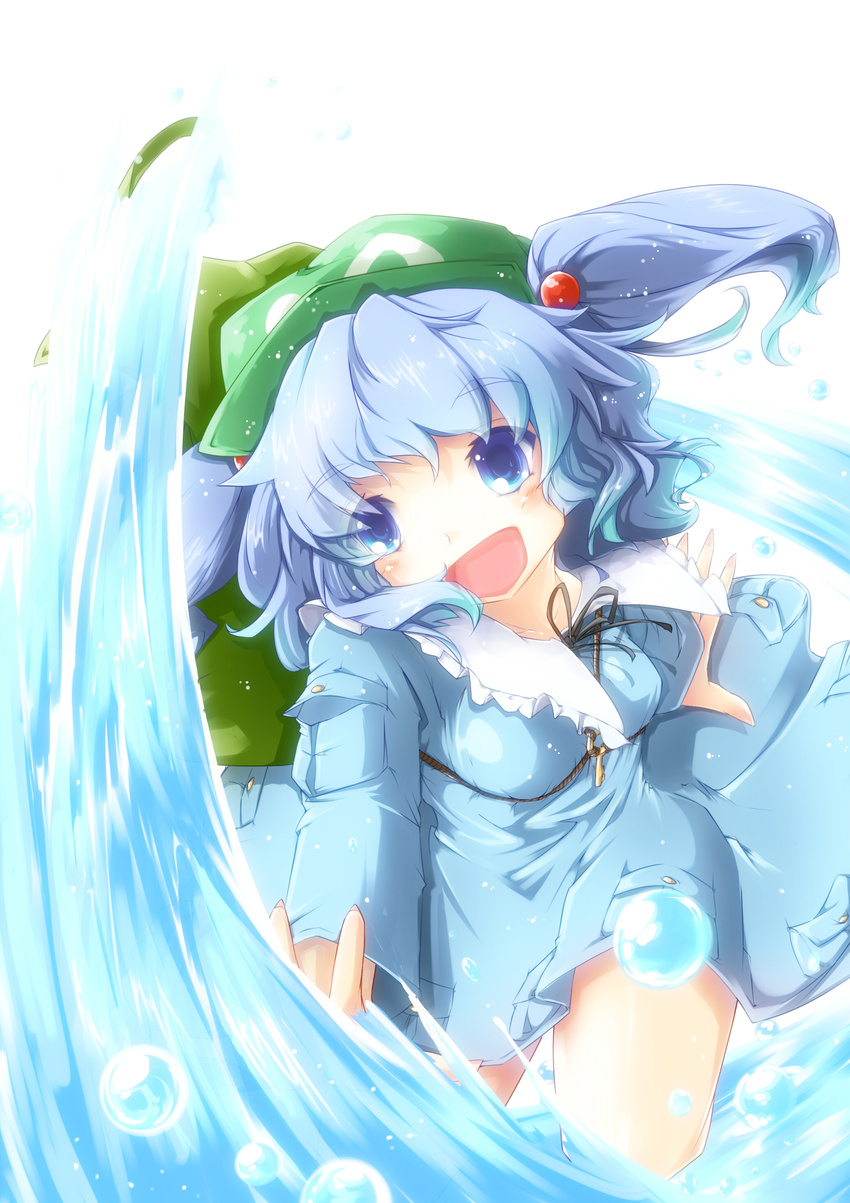 absurdres backpack bad_id bad_pixiv_id bag blue_eyes blue_hair hair_bobbles hair_ornament hat highres kawashiro_nitori key open_mouth rope short_hair solo toor_0111 touhou twintails two_side_up water