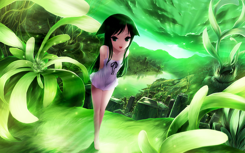 barefoot building cait dress green green_eyes green_hair highres landscape leaf long_hair overgrown plant river saya saya_no_uta scenery solo sundress sunlight vines wallpaper