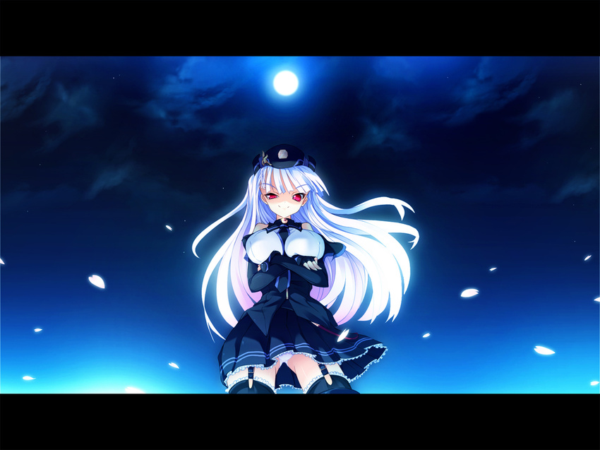 crossed_arms full_moon garter_straps hat kuro_uso-ko letterboxed looking_down moon original panties petals red_eyes skirt solo thighhighs torisan underwear uneven_eyes uniform white_hair