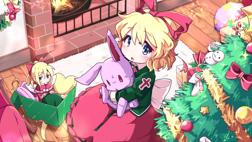 1girl absurdres alternate_color alternate_costume back_bow blonde_hair blue_eyes bow box bubble_skirt carpet christmas christmas_tree cross doll fairy_wings fire fireplace garland_(decoration) gift gift_box heart heart_pillow highres holding holding_stuffed_toy kanisawa_yuuki long_sleeves medicine_melancholy pillow red_bow red_ribbon ribbon santa_costume short_hair skirt snowman star_(symbol) stuffed_animal stuffed_bunny stuffed_toy su-san touhou wavy_hair wings