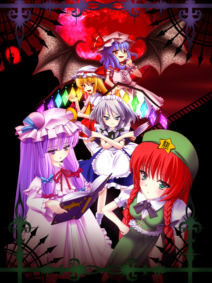 apron bat_wings braid crystal demon_wings emiru_(mikosan) flandre_scarlet hat highres hong_meiling izayoi_sakuya looking_at_viewer maid mob_cap moon multiple_girls patchouli_knowledge red_hair red_moon remilia_scarlet short_hair silver_hair star the_embodiment_of_scarlet_devil touhou twin_braids upper_body vampire waist_apron wings