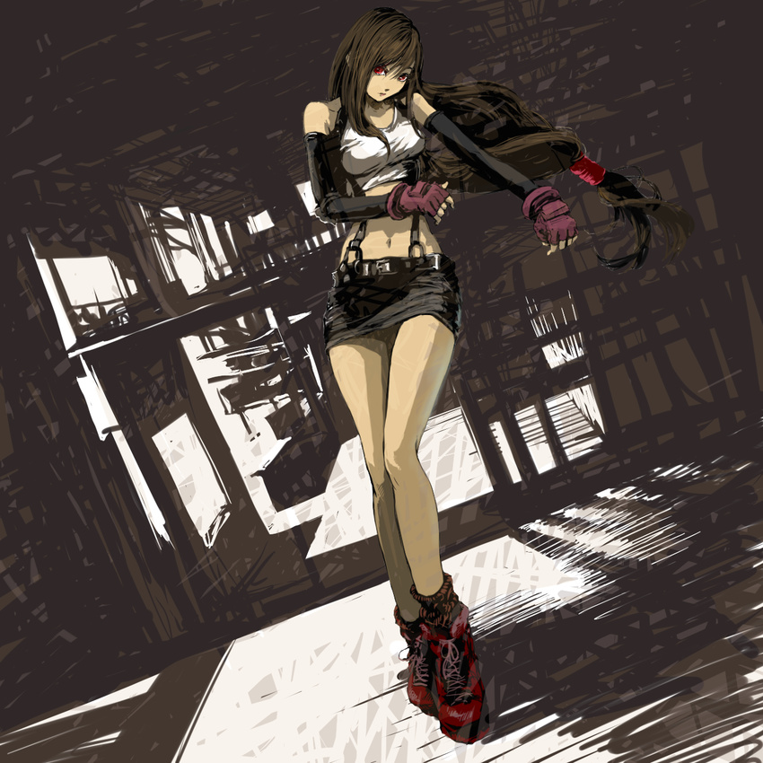 bare_shoulders belt boots breasts brown_hair elbow_gloves female final_fantasy final_fantasy_vii fingerless_gloves full_body gloves highres long_hair midriff miniskirt nyanpe partially_colored red_eyes skirt solo suspenders tank_top tanktop tifa_lockhart