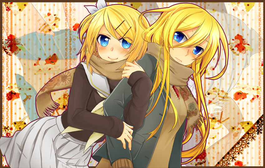 blonde_hair blue_eyes casual colorized hair_ornament hairclip kagamine_rin lily_(vocaloid) multiple_girls scarf ui_(rot) vocaloid