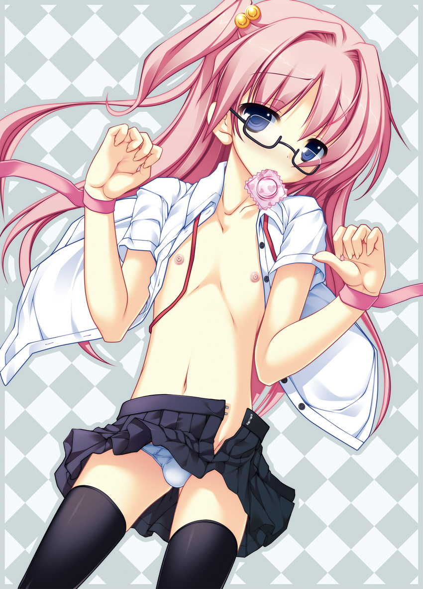 black_legwear blue_eyes bulge checkered checkered_background condom condom_in_mouth cowboy_shot glasses highres long_hair male_focus mouth_hold navel nipples ochinsama open_clothes open_shirt original otoko_no_ko panties pink_hair shirt solo thighhighs twintails underwear white_panties