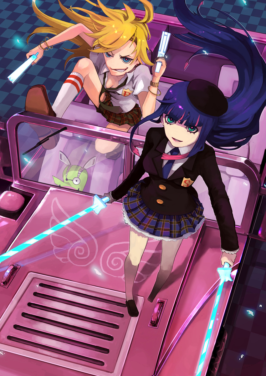 2girls blonde_hair blue_eyes blue_hair breasts cleavage dual_wielding from_above highres holding long_hair medium_breasts multicolored_hair multiple_girls necktie no_nose panty_&amp;_stocking_with_garterbelt panty_(psg) skirt smile stocking_(psg) weapon