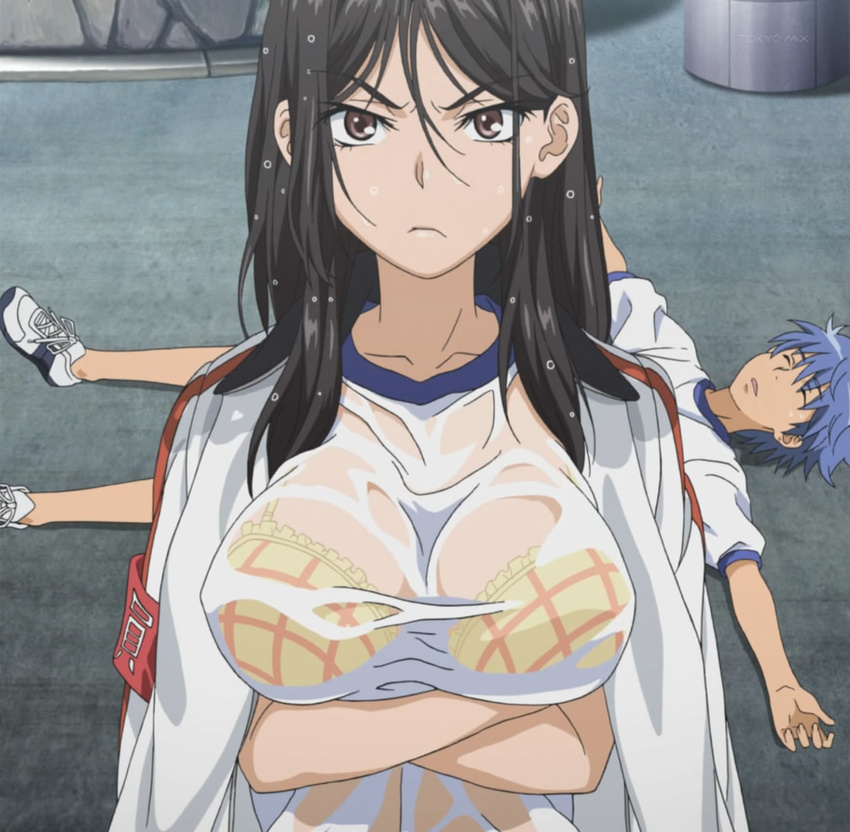 1girl angry aogami_pierce black_hair blue_hair bra breast_hold breasts brown_eyes crossed_arms frown fukiyose_seiri highres impossible_clothes impossible_shirt lingerie long_hair non-web_source protecting screencap see-through shirt stitched third-party_edit to_aru_majutsu_no_index underwear wet wet_clothes wet_hair wet_shirt