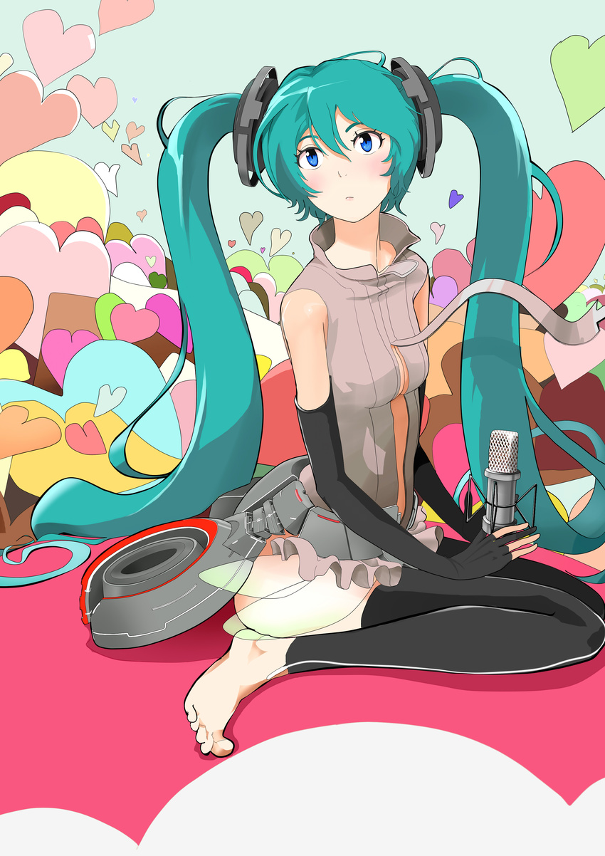 absurdres aqua_hair bad_id bad_pixiv_id barefoot blue_eyes blush bridal_gauntlets feet hatsune_miku hatsune_miku_(append) heart highres long_hair microphone necktie sitting solo thighhighs togano03 twintails very_long_hair vocaloid vocaloid_append wariza