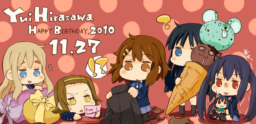 akiyama_mio black_hair blonde_hair blue_eyes brown_eyes brown_hair chibi coat doll dual_persona food happy_birthday hirasawa_yui ice_cream k-on! kotobuki_tsumugi long_hair multiple_girls nakano_azusa oversized_object pantyhose pillow plover school_uniform short_hair tainaka_ritsu