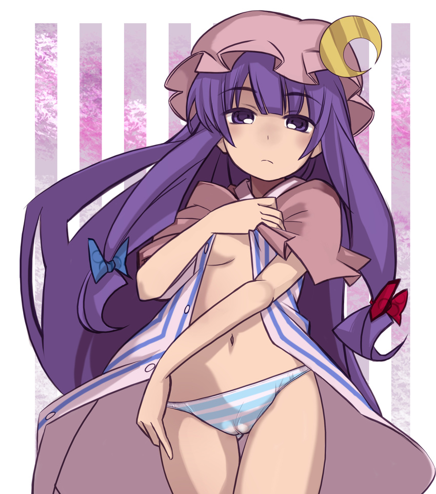 absurdres cameltoe crescent face hat highres long_hair nada_haruka open_clothes open_robe panties patchouli_knowledge purple_eyes purple_hair robe solo striped striped_panties touhou underwear