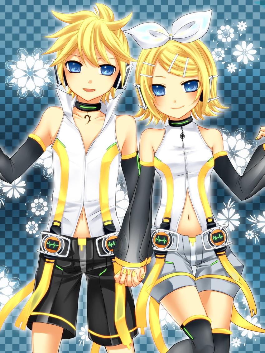 1girl aqua_eyes blonde_hair brother_and_sister detached_sleeves hair_ornament hair_ribbon highres kagamine_len kagamine_len_(append) kagamine_rin kagamine_rin_(append) navel ribbon short_hair shorts siblings smile twins vocaloid vocaloid_append yayoi_(egoistic_realism)