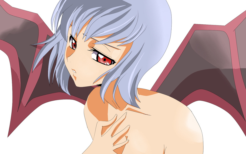 bad_id bad_pixiv_id bat_wings breasts cleavage close-up code_geass hand_on_own_chest highres lavender_hair mashiro_(ro-zu) nude parody red_eyes remilia_scarlet short_hair small_breasts solo style_parody touhou wallpaper wings