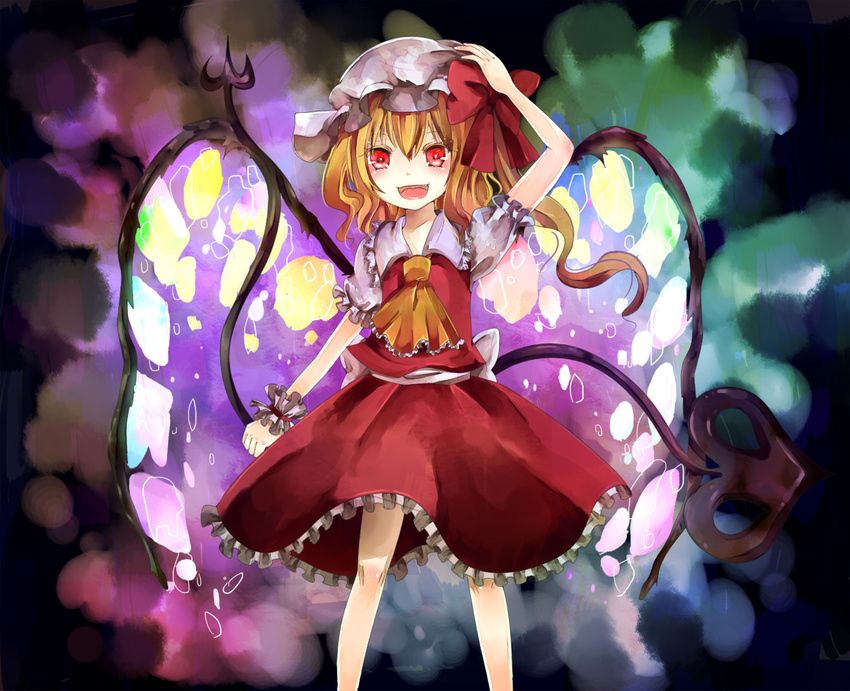 alternate_wings bad_id bad_pixiv_id blonde_hair blush dress fang flandre_scarlet hat jaku_sono laevatein open_mouth red_eyes ribbon short_hair side_ponytail solo touhou weapon wings