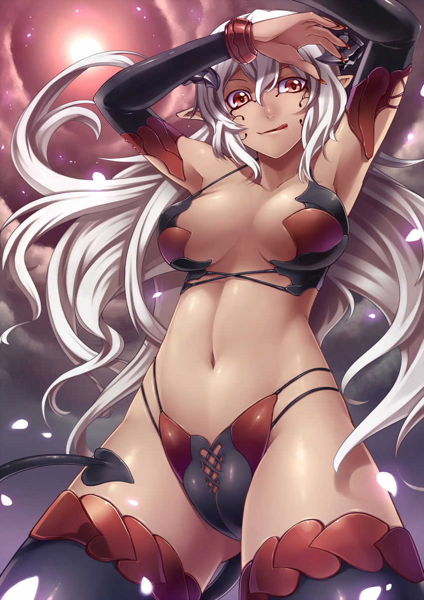 :q armor armpits arms_up bikini_armor breasts dark_skin demon_girl demon_tail detached_sleeves facial_mark highres horns large_breasts navel original pointy_ears red_eyes solo succubus tail thighhighs tongue tongue_out tsuki_tokage white_hair