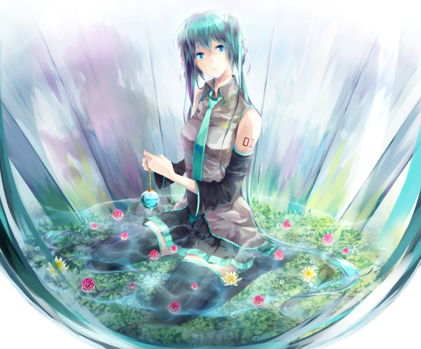 aqua_eyes aqua_hair bad_id bad_pixiv_id clover detached_sleeves flower hatsune_miku highres long_hair necktie sakumochi41 sitting skirt solo thighhighs twintails very_long_hair vocaloid wet wet_clothes zettai_ryouiki