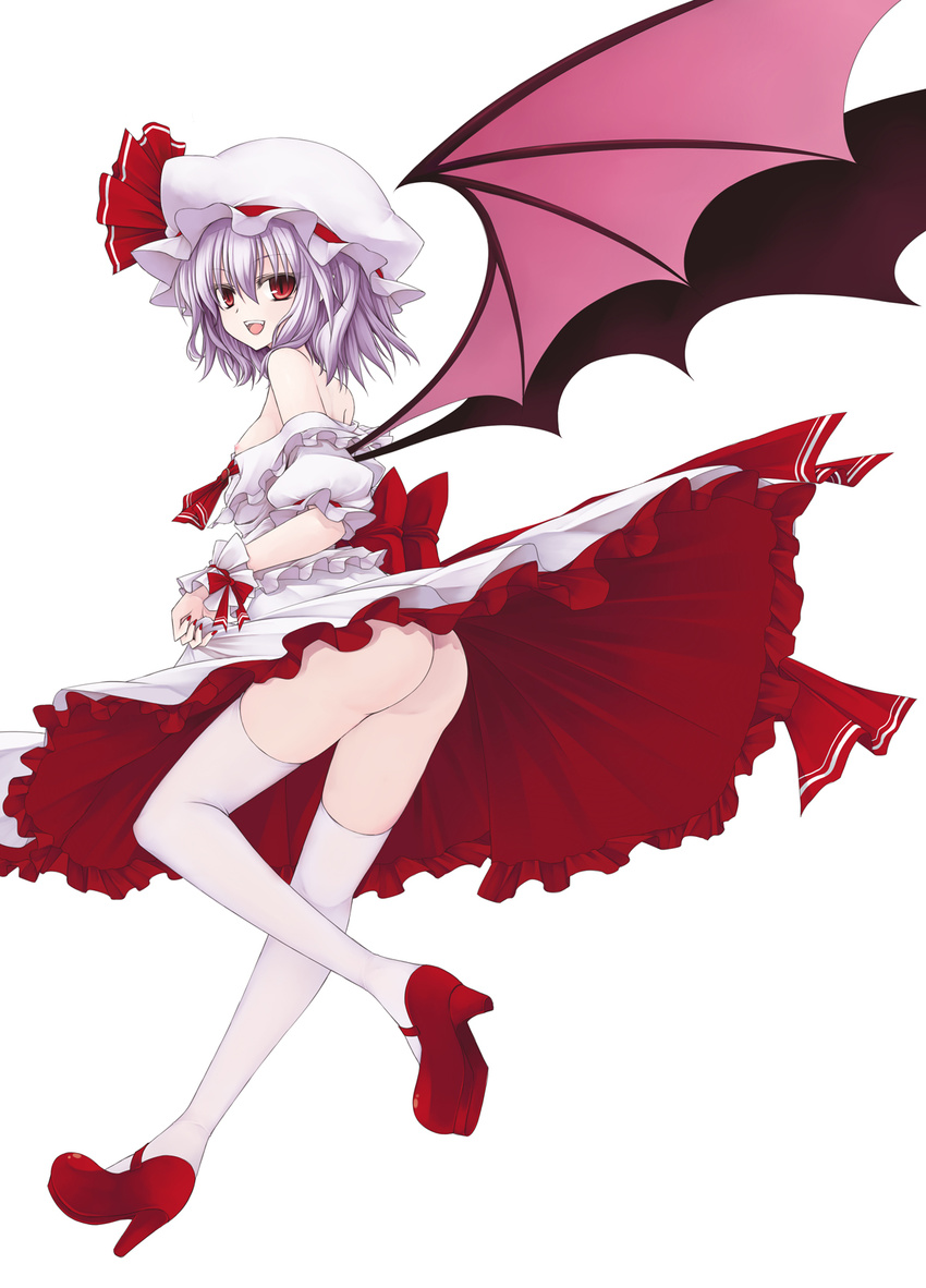 ass bare_shoulders bat_wings blue_hair commentary_request dress fangs flat_chest full_body hat high_heels highres lavender_hair legs looking_at_viewer nail_polish nipples no_panties open_clothes open_mouth red_eyes red_footwear red_nails remilia_scarlet shoes short_hair simple_background slit_pupils smile solo thighhighs touhou upskirt utakata_(kochou_no_yume) white_legwear wings