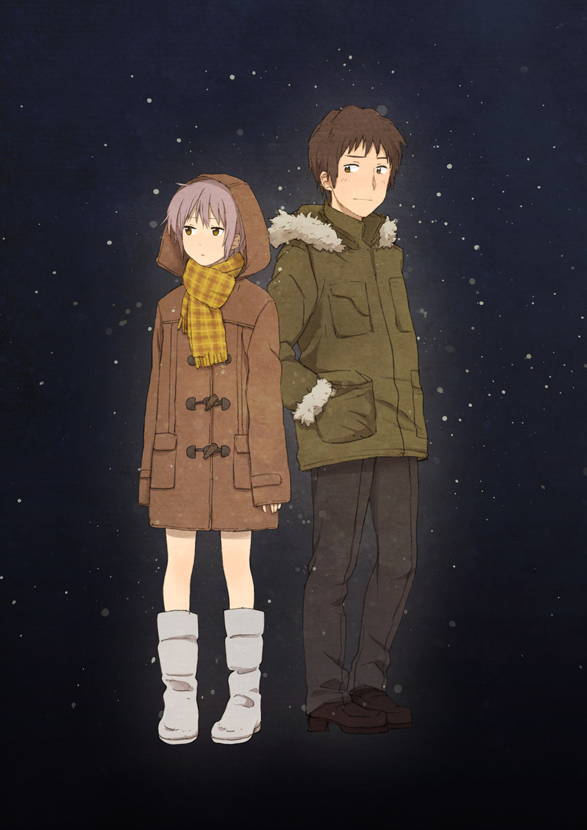 1girl bad_id bad_pixiv_id boots brown_eyes brown_hair coat coeda grey_hair highres kyon nagato_yuki plaid plaid_scarf scarf short_hair snow suzumiya_haruhi_no_yuuutsu winter_clothes