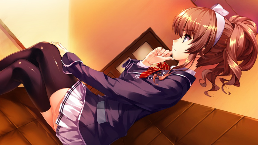 black_legwear blue_eyes brown_hair crossed_legs dutch_angle game_cg hairband hanamiya_nagisa kuroya_shinobu long_hair non-web_source profile school_uniform sitting skirt solo thighhighs ushinawareta_mirai_wo_motomete zettai_ryouiki