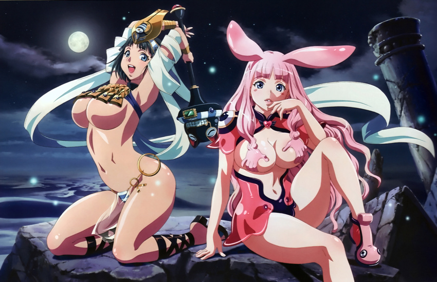 2girls absurdres animal_ears arms_up bare_legs blush breasts bunny_ears censored cleavage cloud convenient_censoring highres huge_breasts kneeling long_hair melona menace moon multiple_girls night non-web_source official_art open_mouth panties pink_hair queen's_blade revealing_clothes rin-sin setra short_hair sideboob sky striped striped_panties underboob underwear very_long_hair